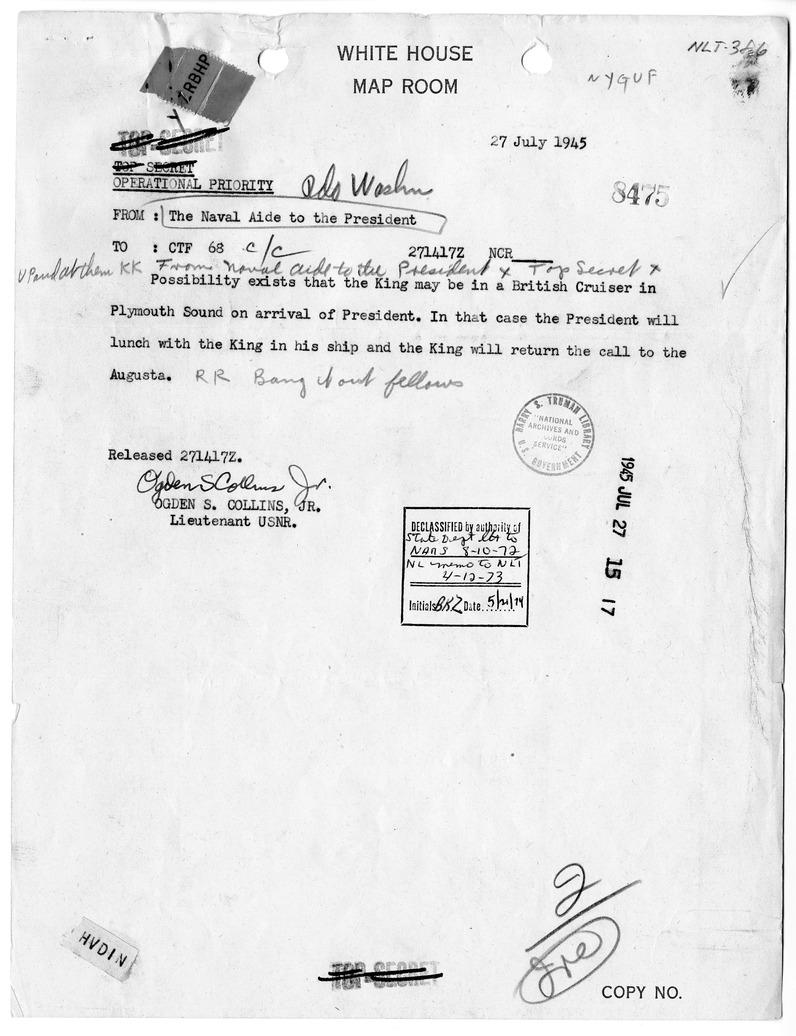 Telegram from Captain James K. Vardaman to Rear Admiral Allan R. McCann