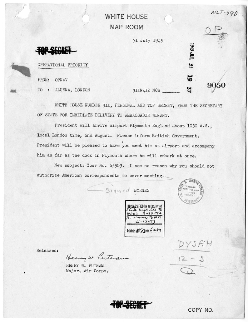 Telegram from Secretary of State James Byrnes to Ambassador John G. Winant