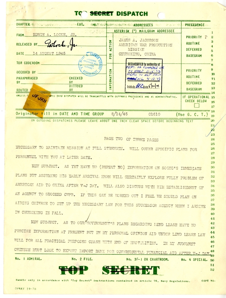 Telegram from Edwin A. Locke, Jr. to James A. Jacobson