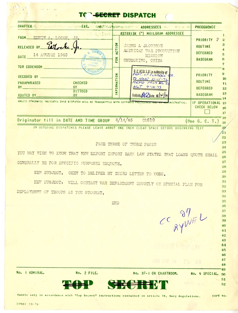 Telegram from Edwin A. Locke, Jr. to James A. Jacobson