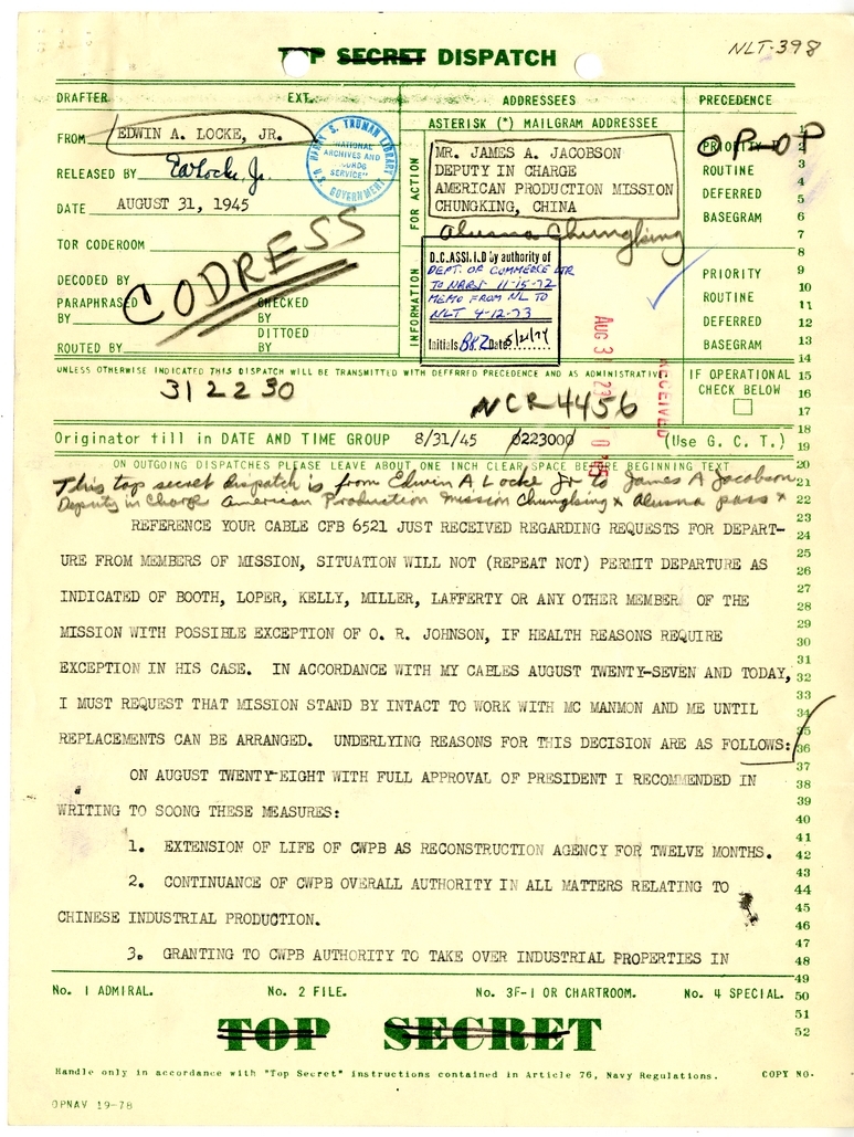 Telegram from Edwin A. Locke, Jr. to James A. Jacobson