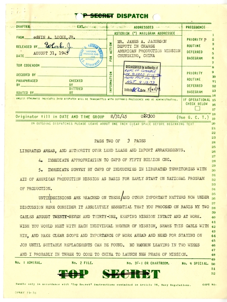 Telegram from Edwin A. Locke, Jr. to James A. Jacobson