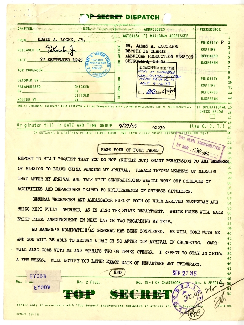 Telegram from Edwin A. Locke, Jr. to James A. Jacobson