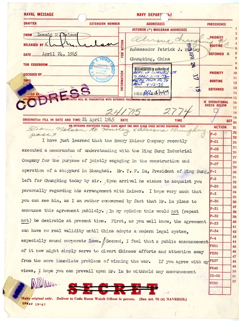 Telegram from Donald M. Nelson to Ambassador Patrick J. Hurley