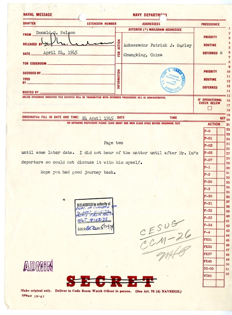Telegram from Donald M. Nelson to Ambassador Patrick J. Hurley