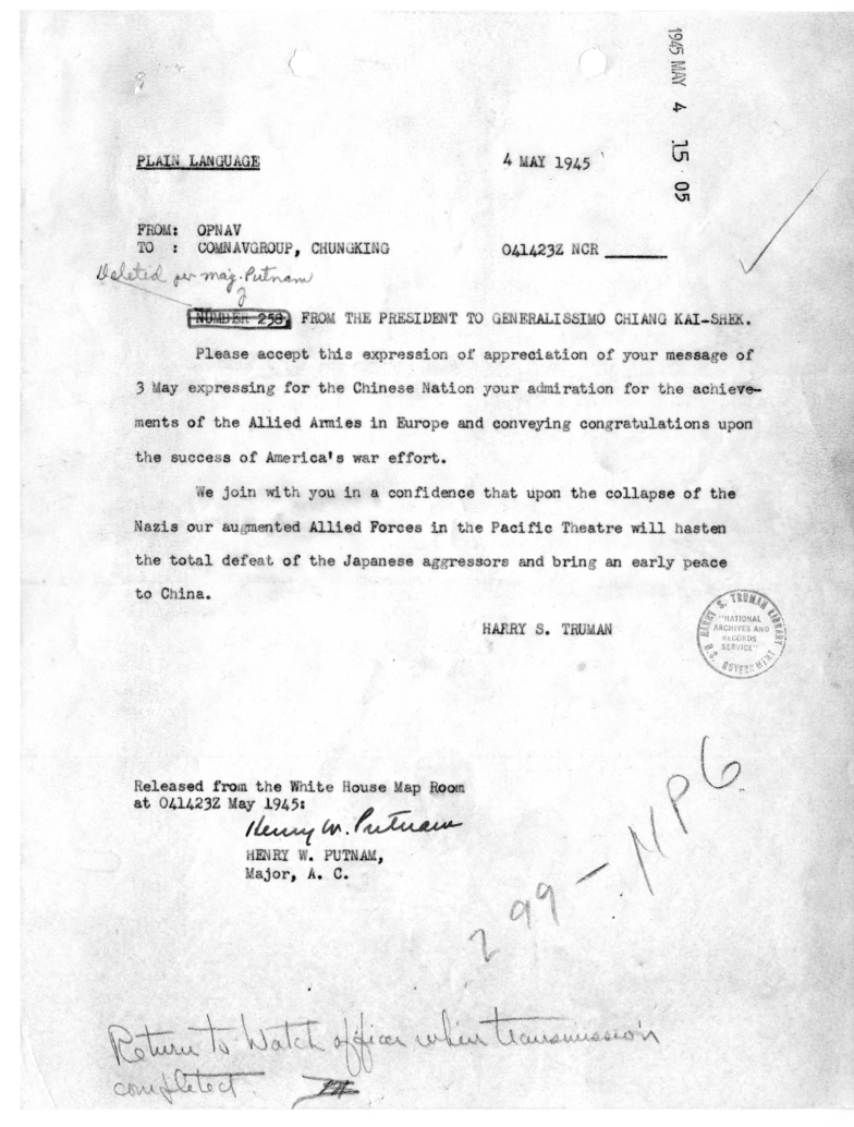 Telegram from President Harry S. Truman to Generalissimo Chiang Kai-Shek