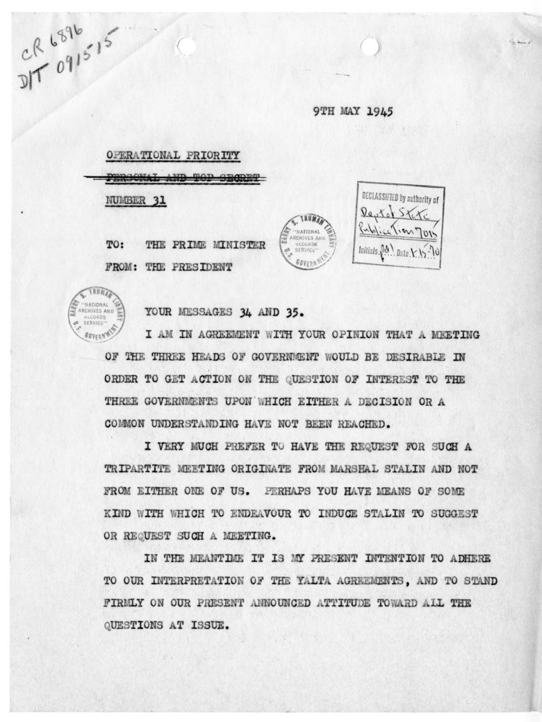 Telegram from President Harry S. Truman to Prime Minister Winston Churchill