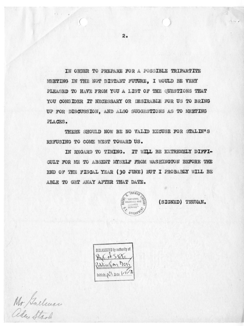 Telegram from President Harry S. Truman to Prime Minister Winston Churchill