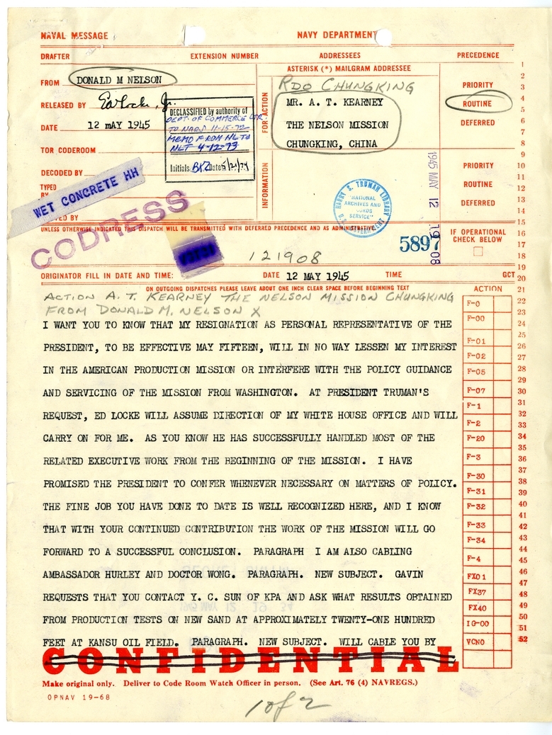 Telegram from Donald M. Nelson to A.T. Kearney