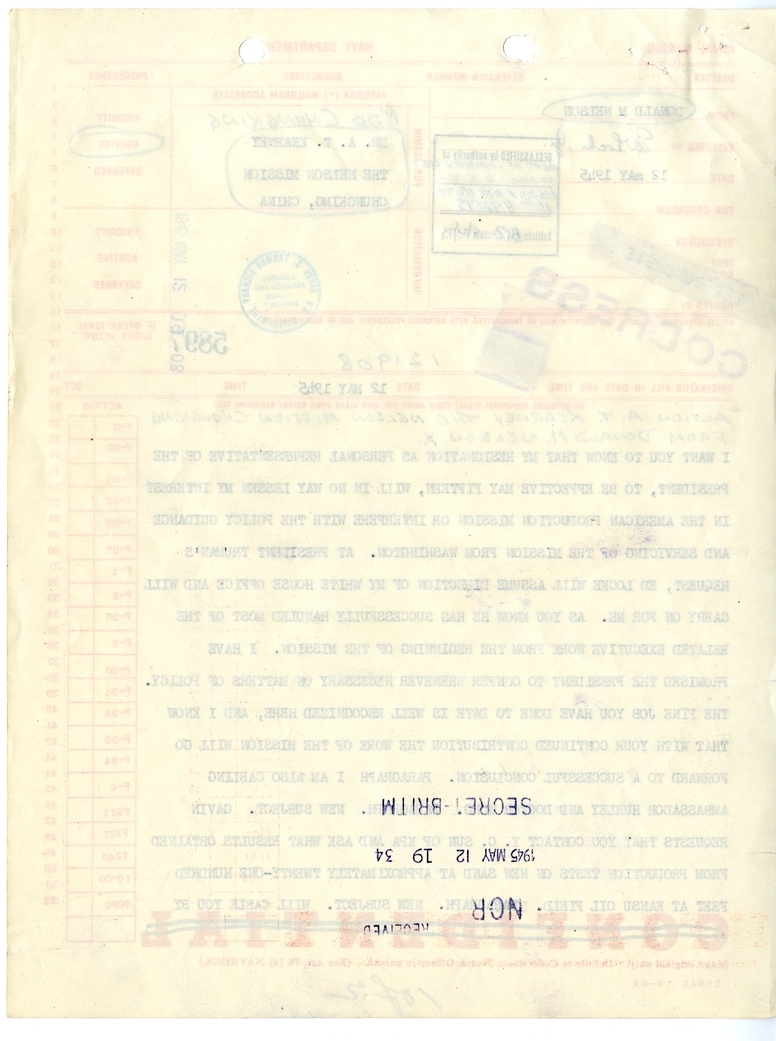 Telegram from Donald M. Nelson to A.T. Kearney