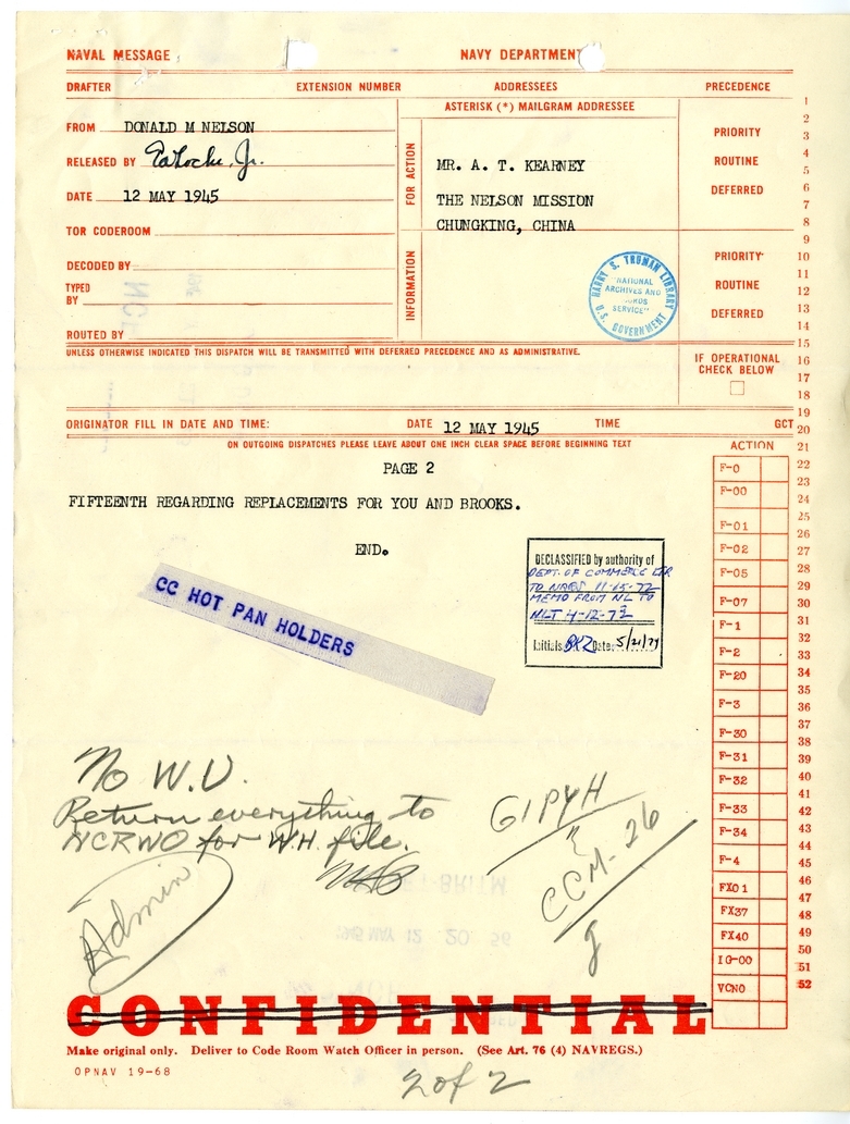 Telegram from Donald M. Nelson to A.T. Kearney