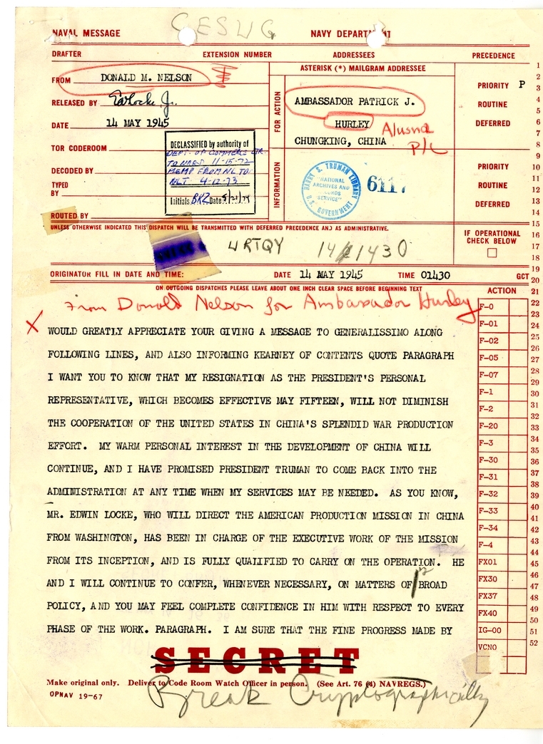 Telegram from Donald M. Nelson to Ambassador Patrick J. Hurley