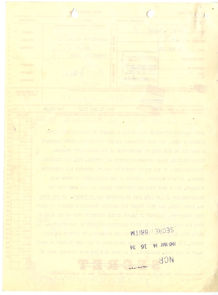 Telegram from Donald M. Nelson to Ambassador Patrick J. Hurley