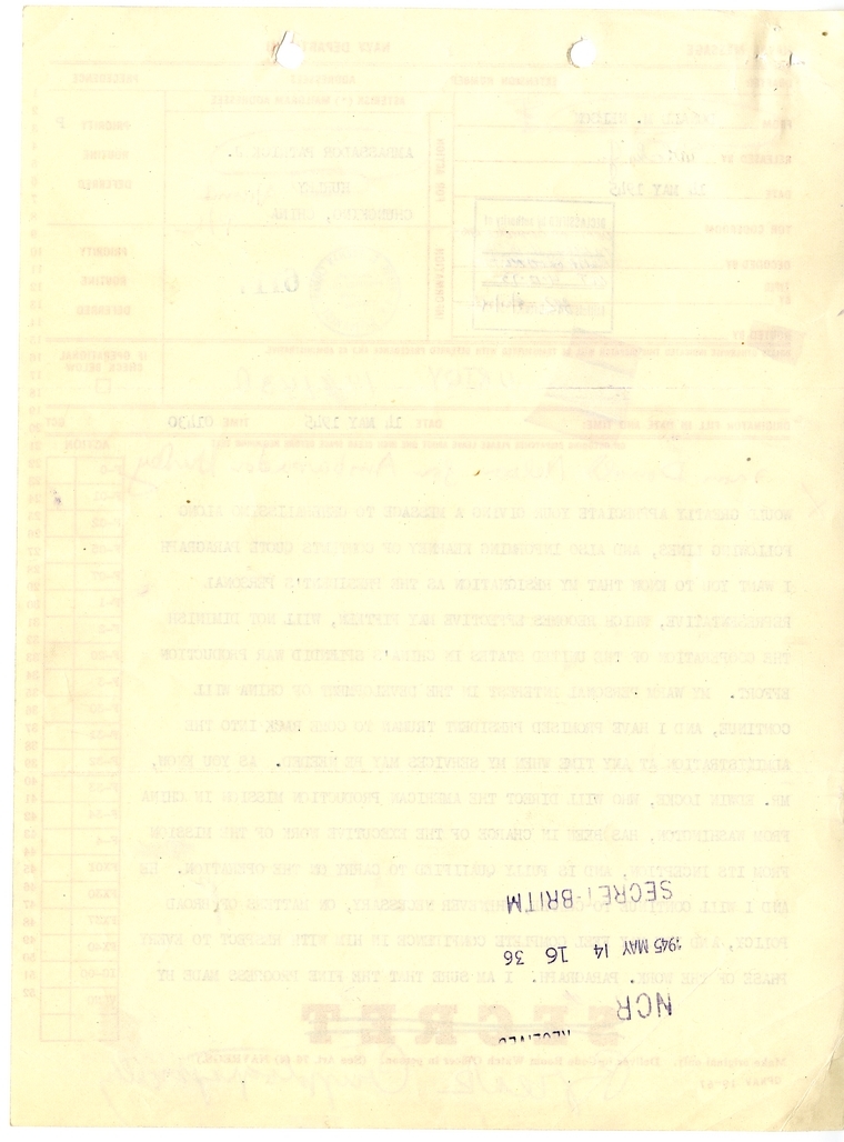 Telegram from Donald M. Nelson to Ambassador Patrick J. Hurley