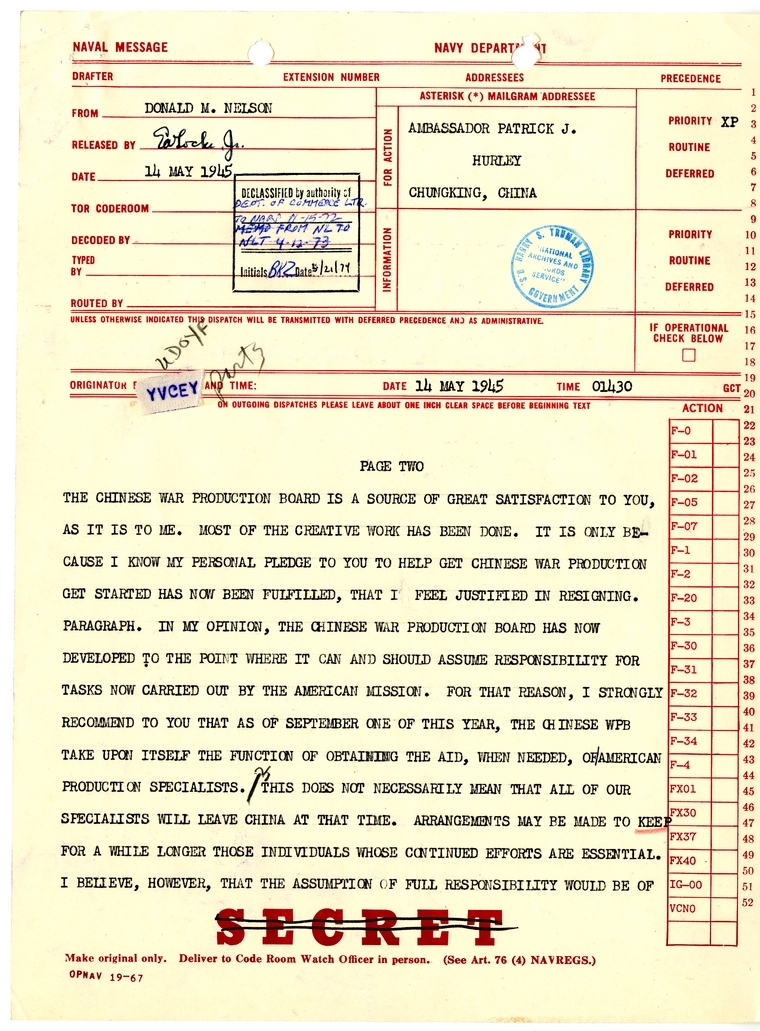 Telegram from Donald M. Nelson to Ambassador Patrick J. Hurley