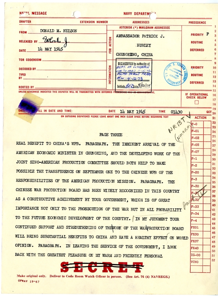 Telegram from Donald M. Nelson to Ambassador Patrick J. Hurley