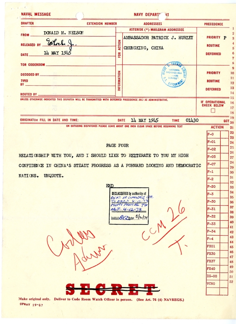 Telegram from Donald M. Nelson to Ambassador Patrick J. Hurley