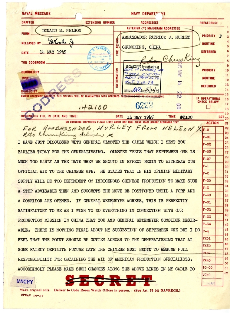Telegram from Donald T. Nelson to Ambassador Patrick J. Hurley