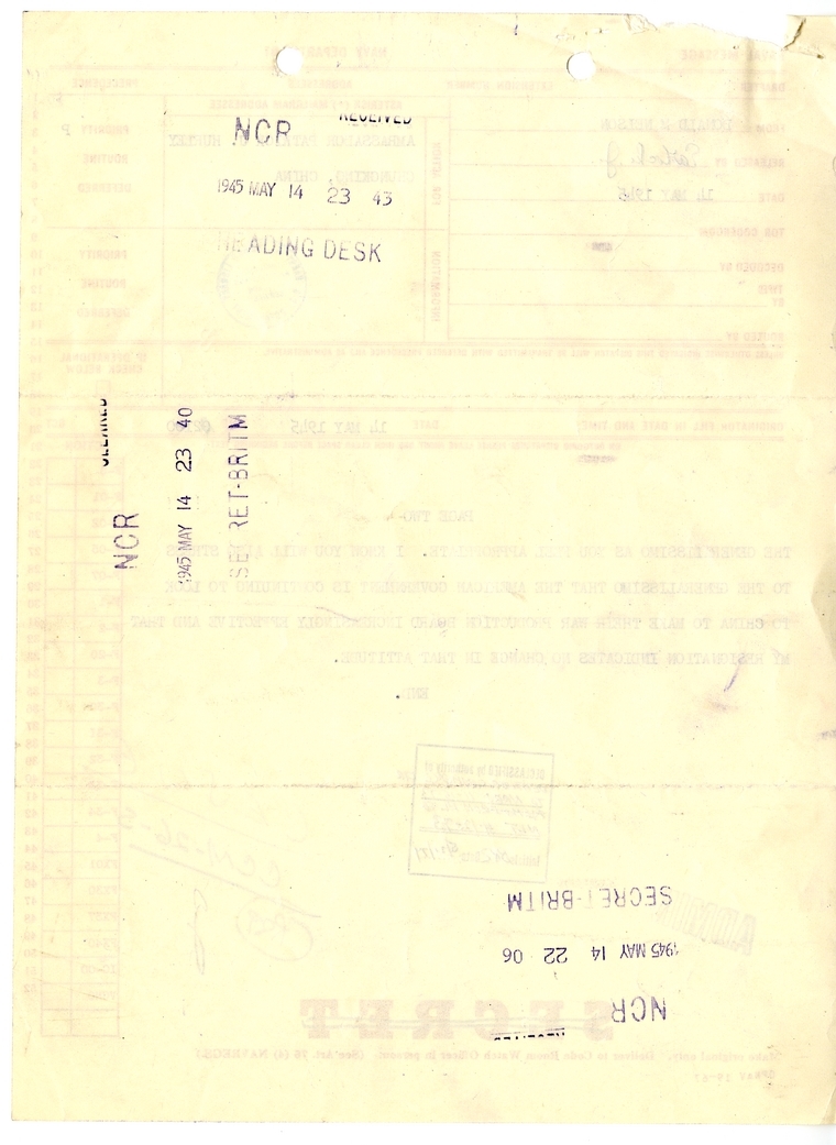 Telegram from Donald T. Nelson to Ambassador Patrick J. Hurley