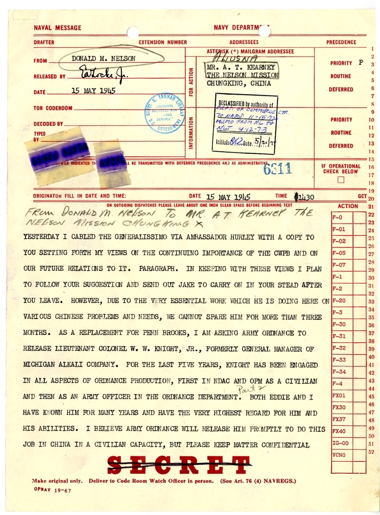 Telegram from Donald M. Nelson to A.T. Kearney