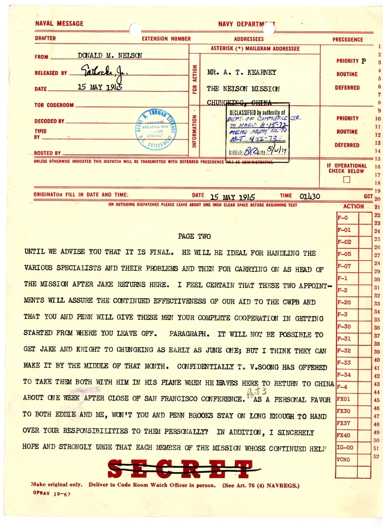 Telegram from Donald M. Nelson to A.T. Kearney