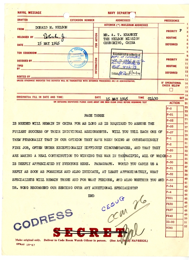 Telegram from Donald M. Nelson to A.T. Kearney