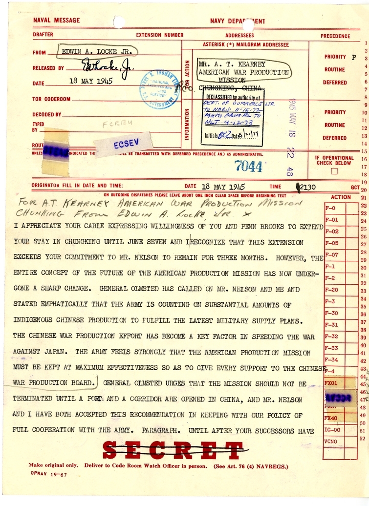 Telegram from Edwin A. Locke, Jr. to A. T. Kearney