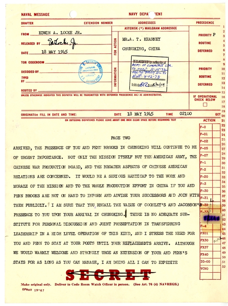 Telegram from Edwin A. Locke, Jr. to A. T. Kearney