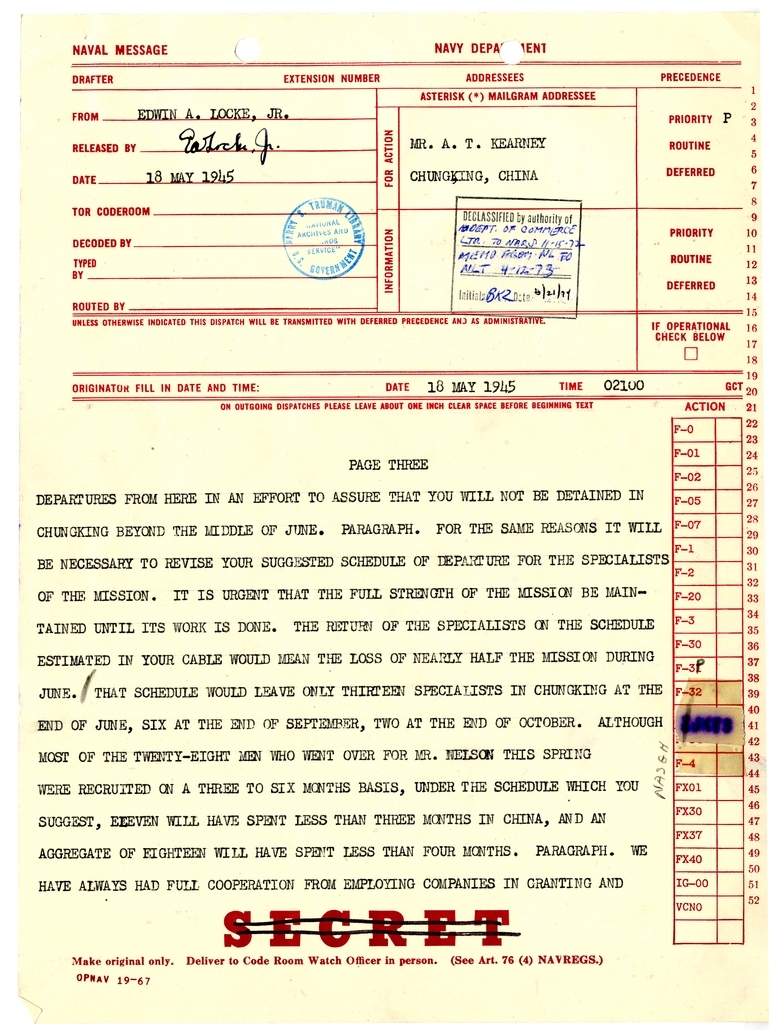 Telegram from Edwin A. Locke, Jr. to A. T. Kearney