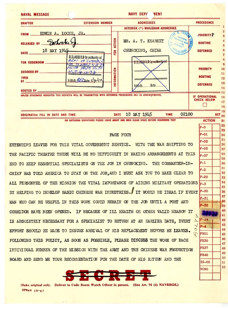 Telegram from Edwin A. Locke, Jr. to A. T. Kearney