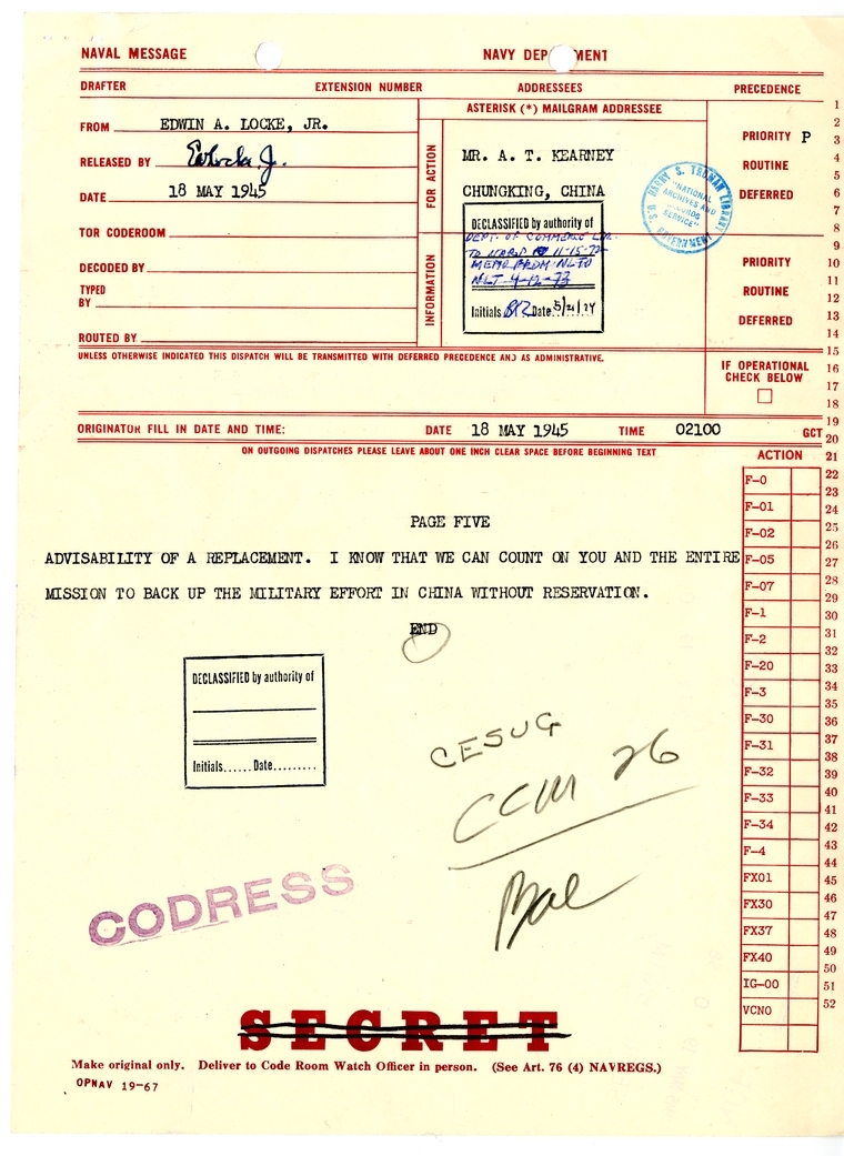 Telegram from Edwin A. Locke, Jr. to A. T. Kearney