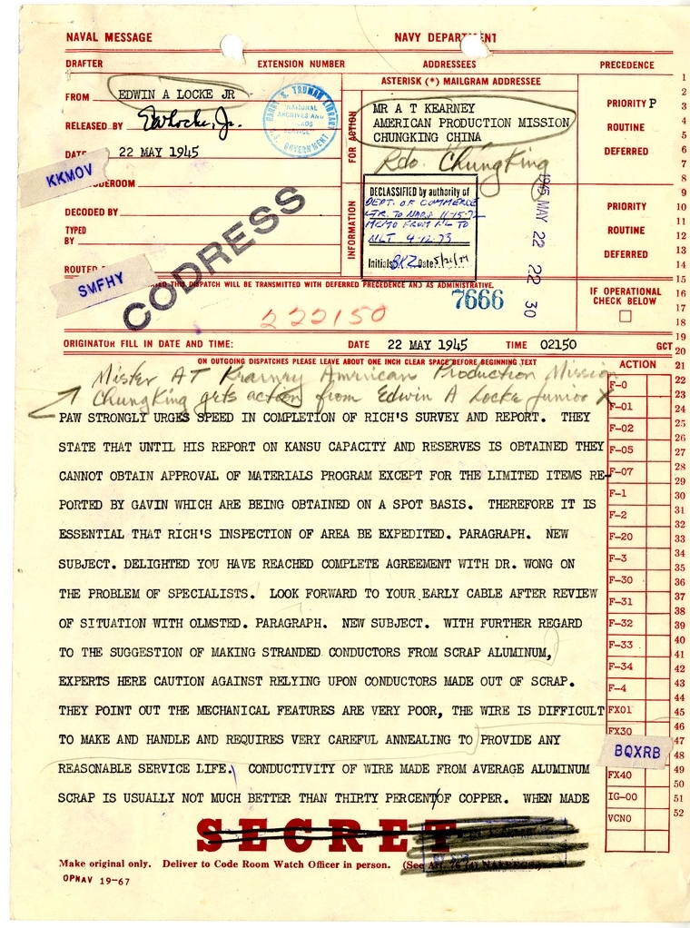 Telegram from Edwin A. Locke, Jr. to A.T. Kearney