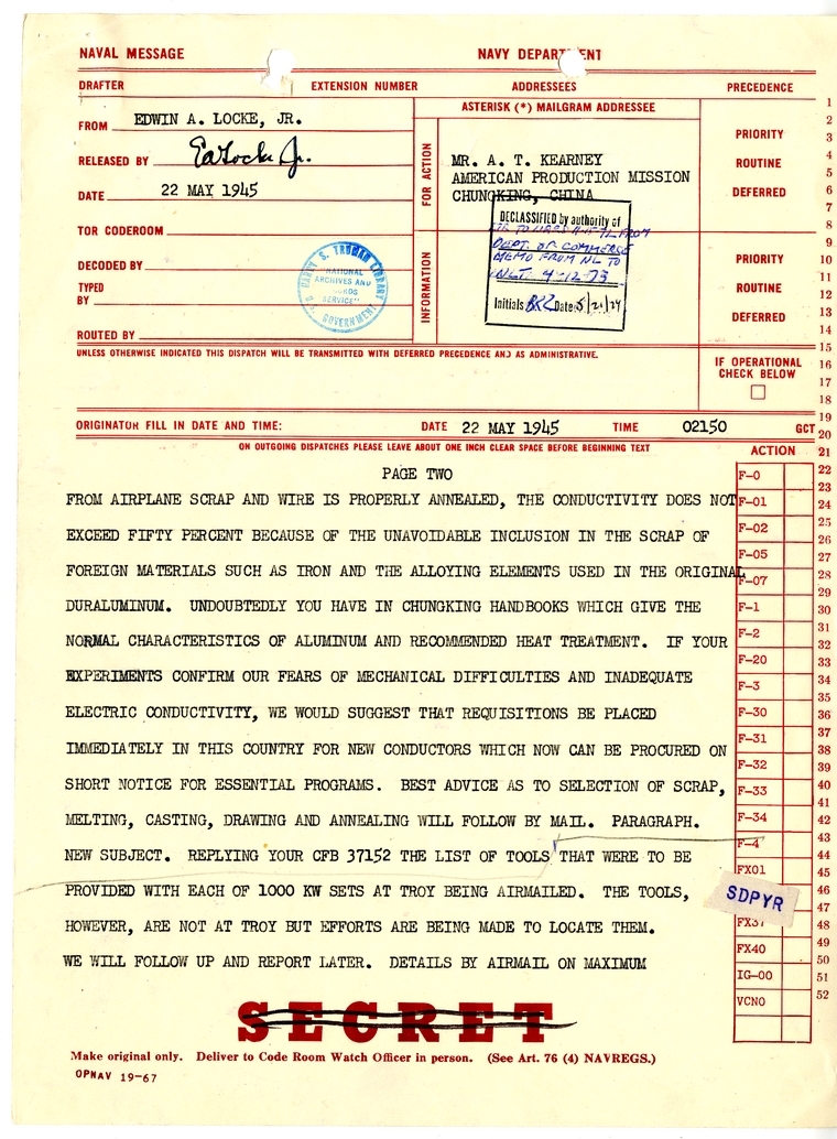 Telegram from Edwin A. Locke, Jr. to A.T. Kearney