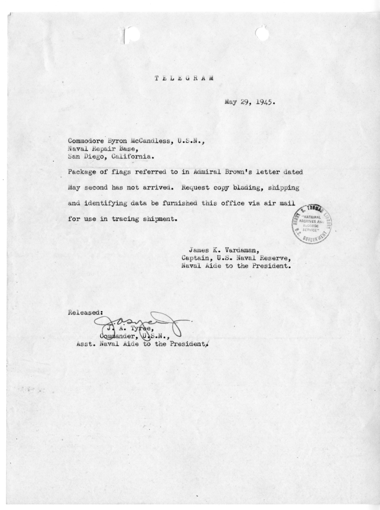 Telegram from Captain James K. Vardaman to Commodore Byron McCandless
