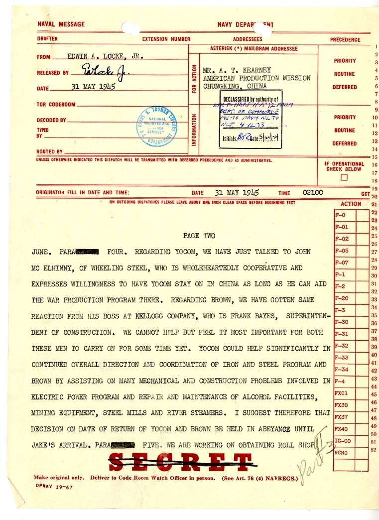 Telegram from Edwin A. Locke, Jr. to A. T. Kearney