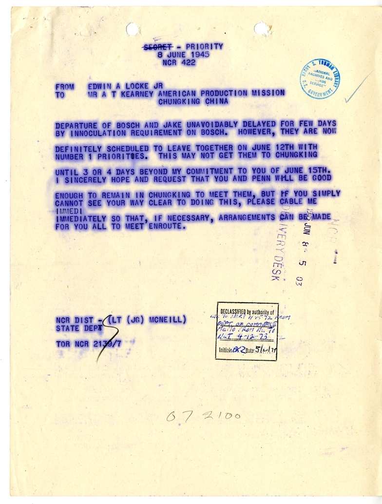Telegram from Edwin A. Locke, Jr. to A. T. Kearney