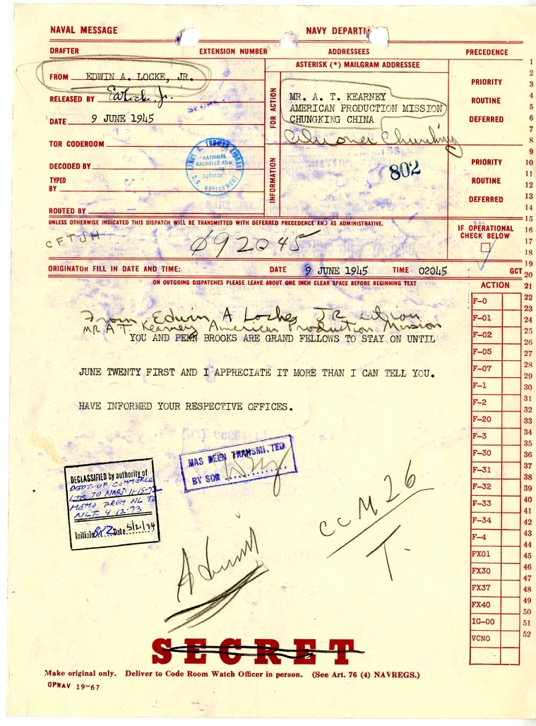 Telegram from Edwin A. Locke, Jr. to A. T. Kearney