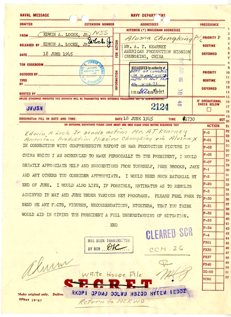 Telegram from Edwin A. Locke, Jr. to A. T. Kearney