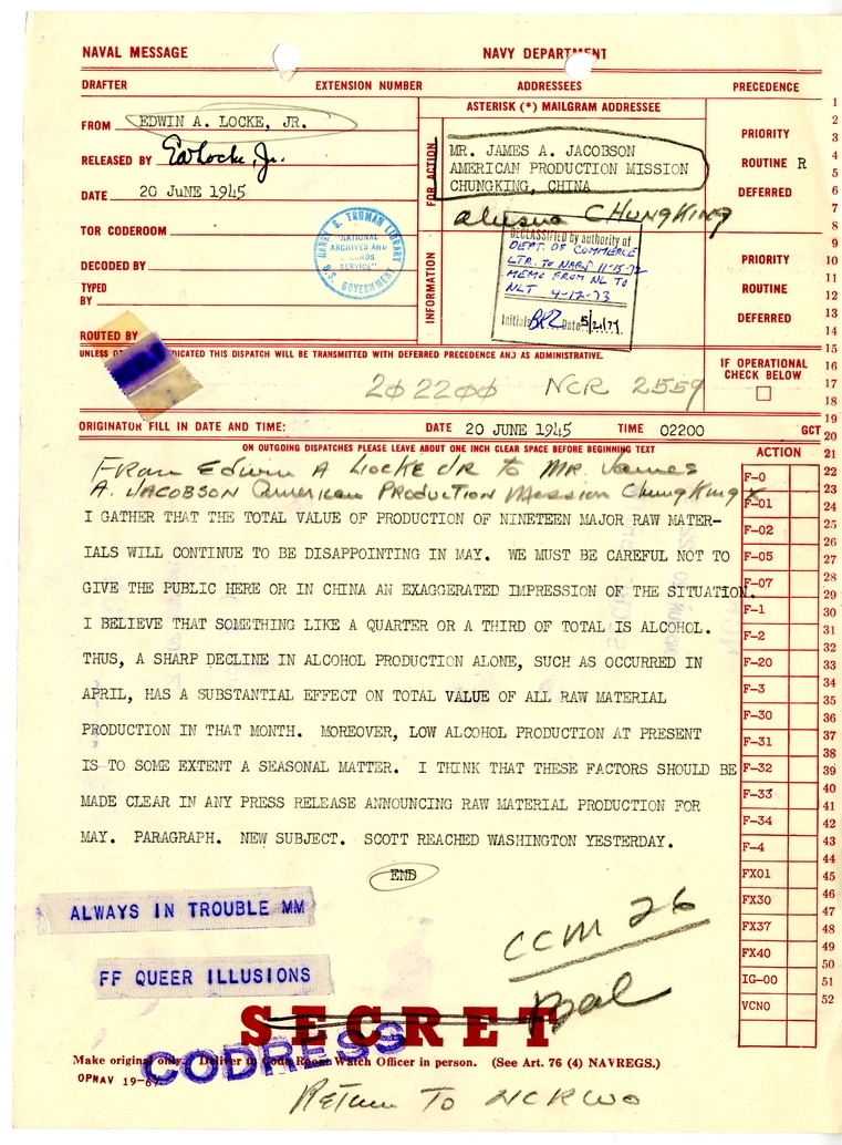 Telegram from Edwin A. Locke, Jr. to James A. Jacobson