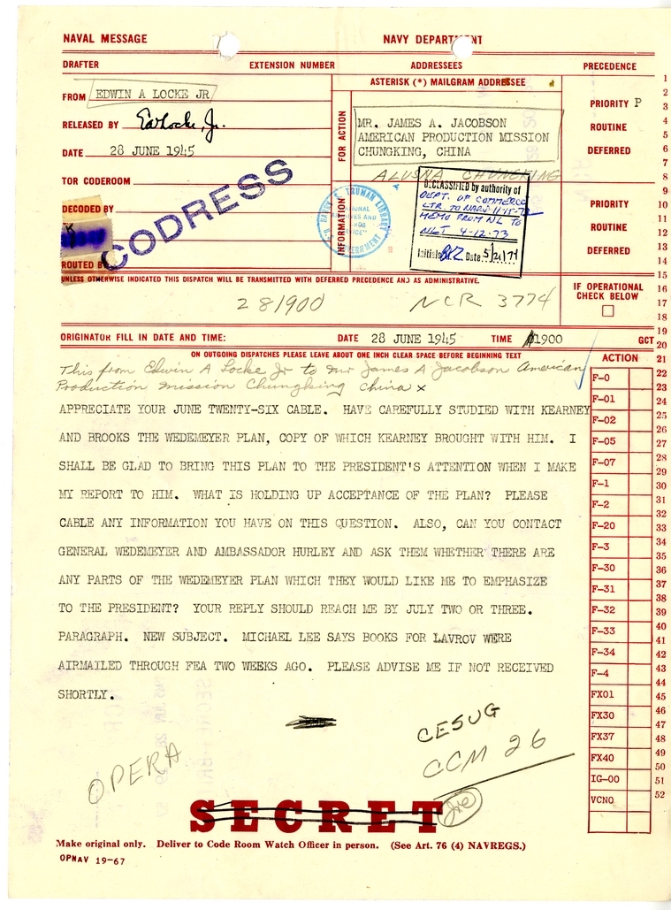 Telegram from Edwin A. Locke, Jr. to James A. Jacobson