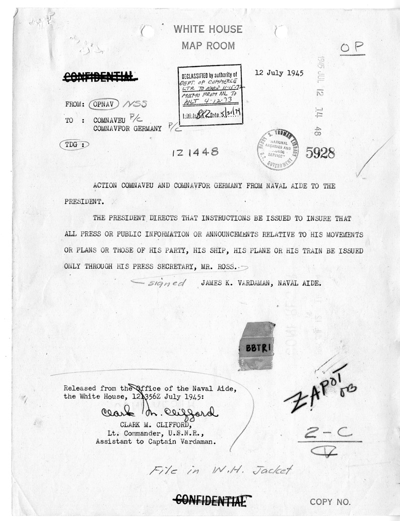 Telegram from James K. Vardman to the Commander, United States Naval Forces in Europe