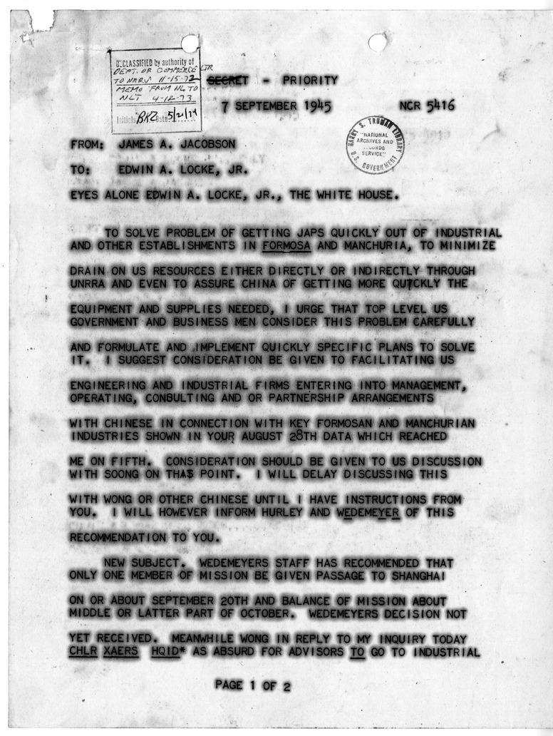 Telegram from James A. Jacobson Edwin A. Locke, Jr.