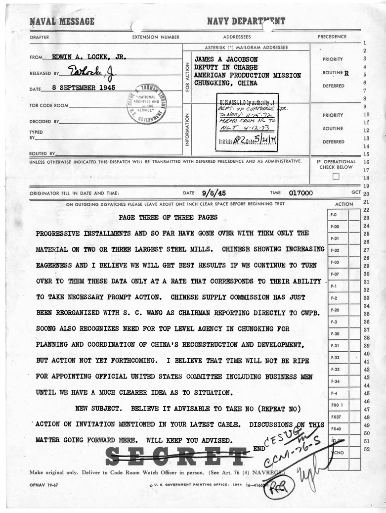 Telegram from Edwin A. Locke, Jr. to James A. Jacobson