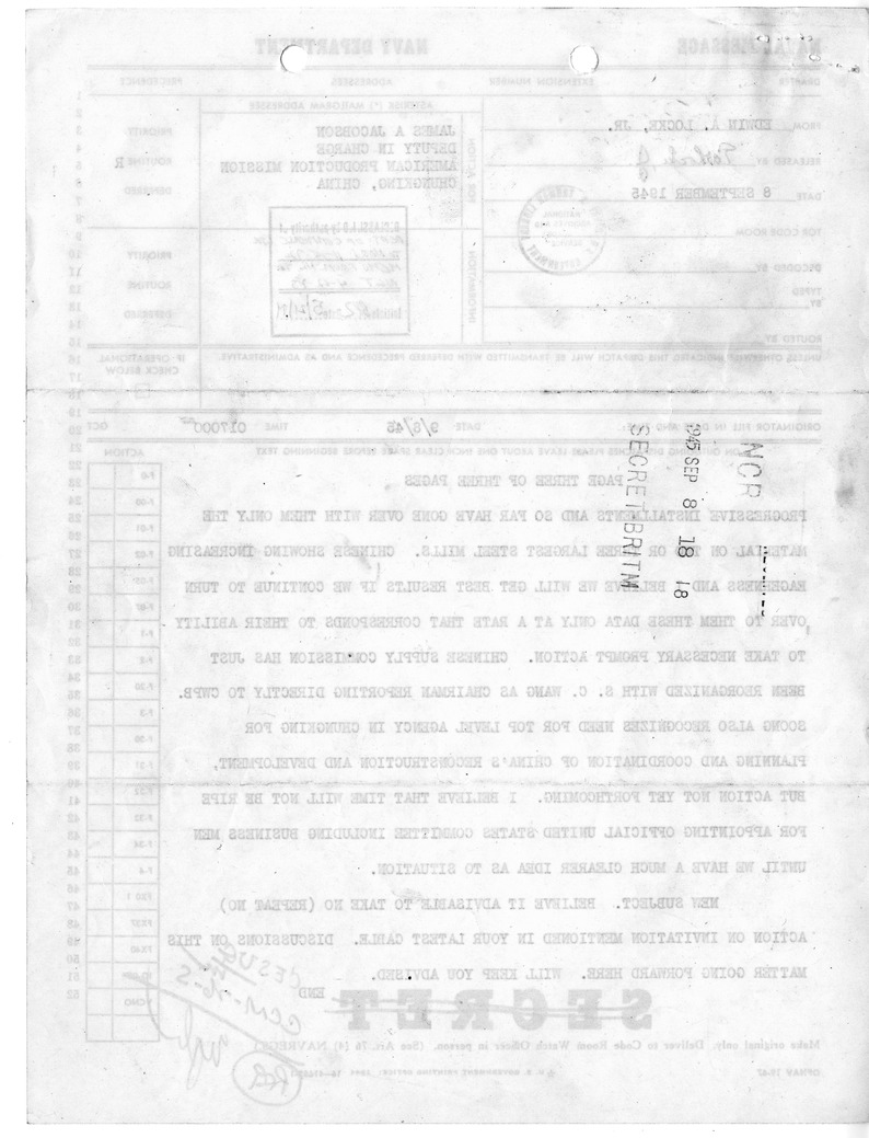 Telegram from Edwin A. Locke, Jr. to James A. Jacobson