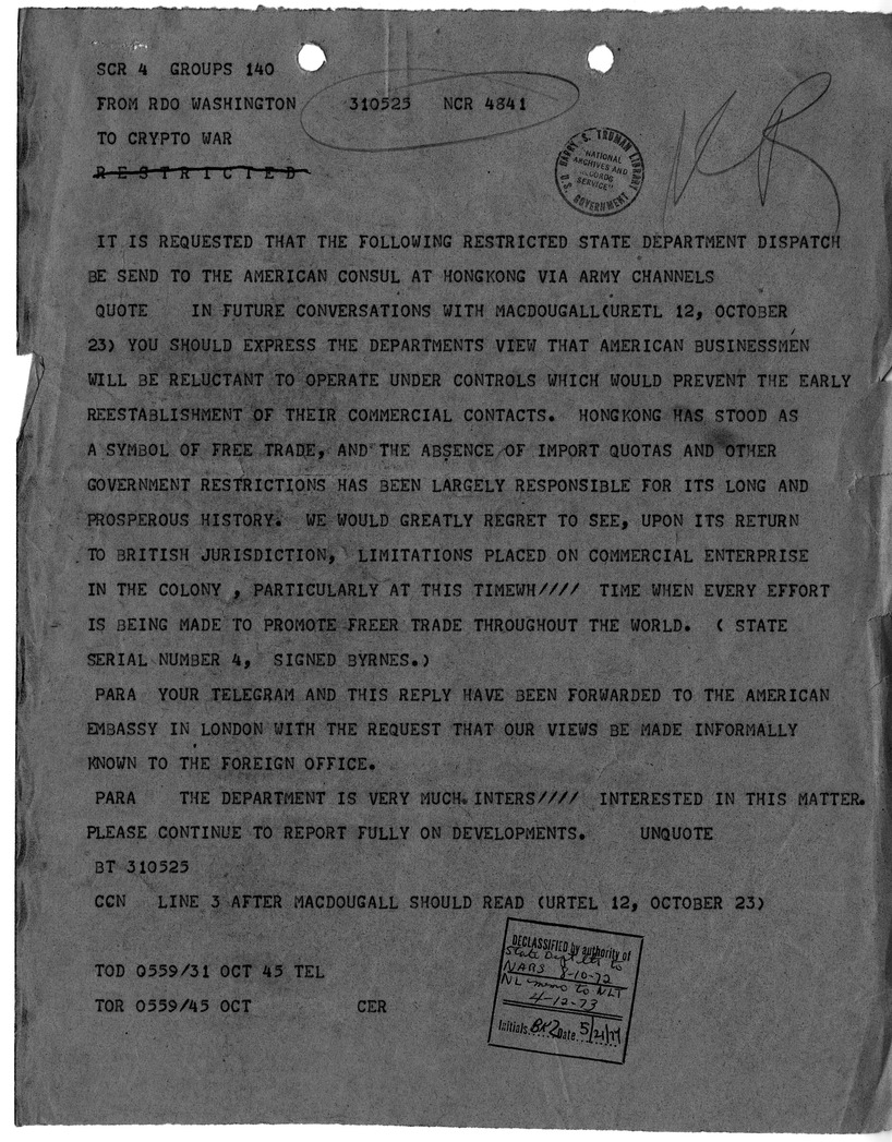 State Department Dispatch to the American Consul at Hong Kong
