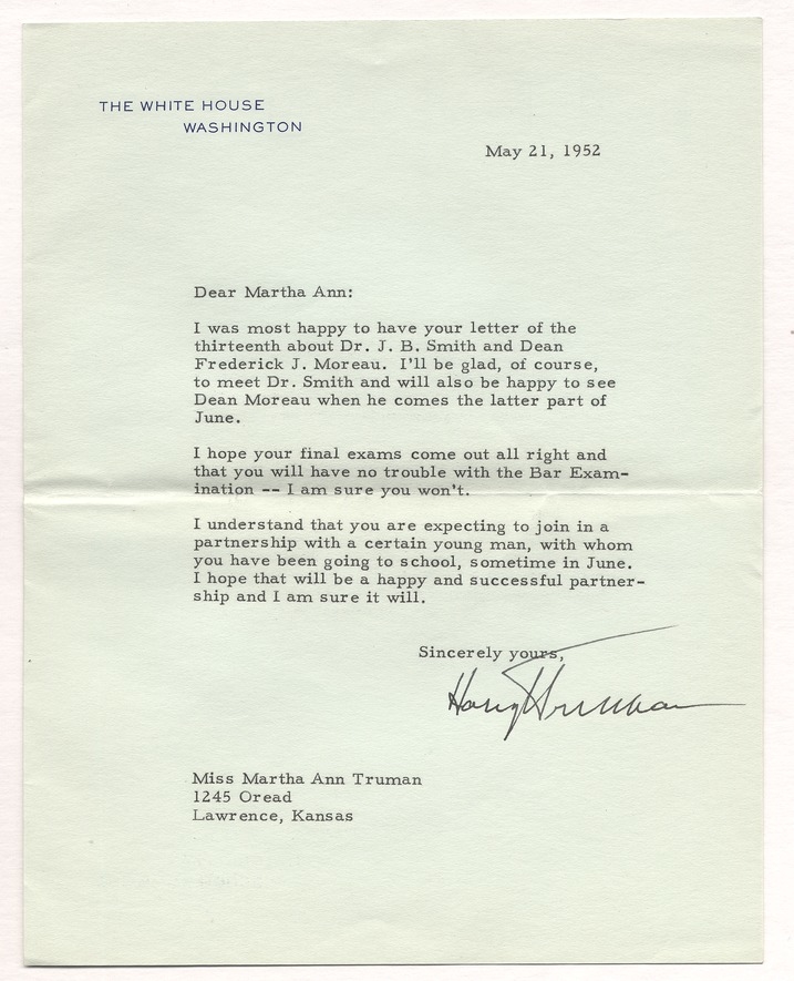 Letter from President Harry S. Truman to Martha Ann Truman