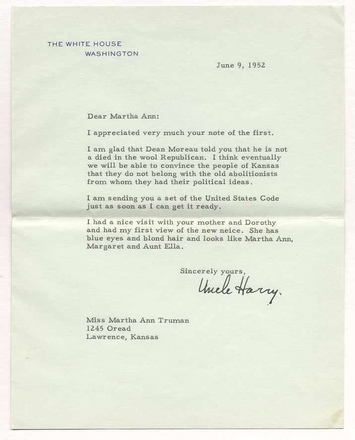 Letter from President Harry S. Truman to Martha Ann Truman