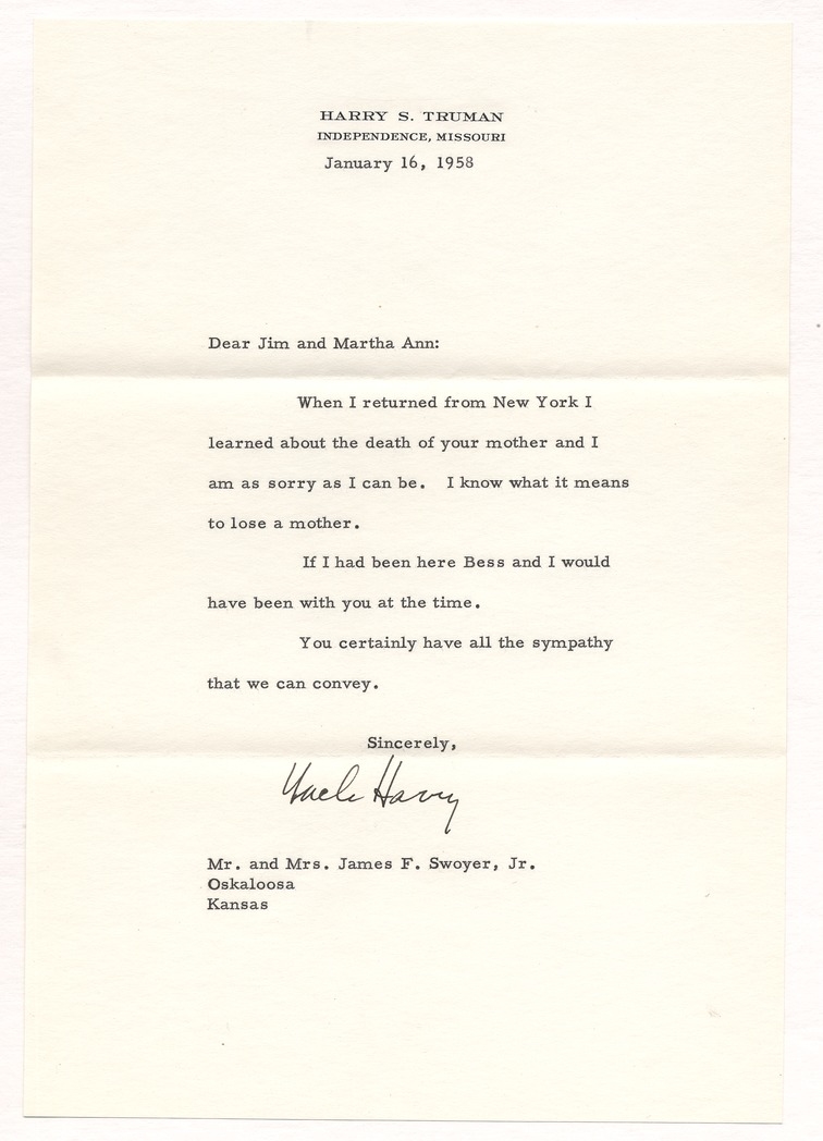 Letter from Former President Harry S. Truman to Jim & Martha Ann Swoyer
