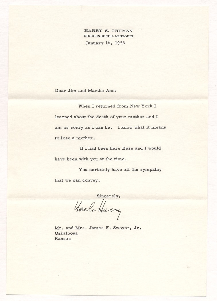 Letter from Former President Harry S. Truman to Jim & Martha Ann Swoyer