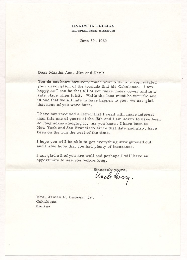 Former President Harry S. Truman to Martha Ann Swoyer